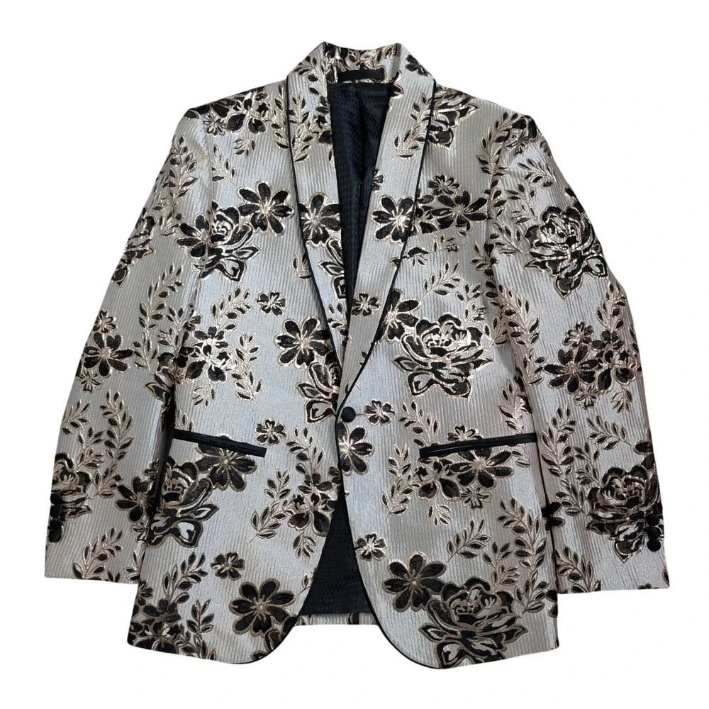 Floral Brocade Blazer Men 36R Cream Black Jacquard Prom Event Old‎ Money Party